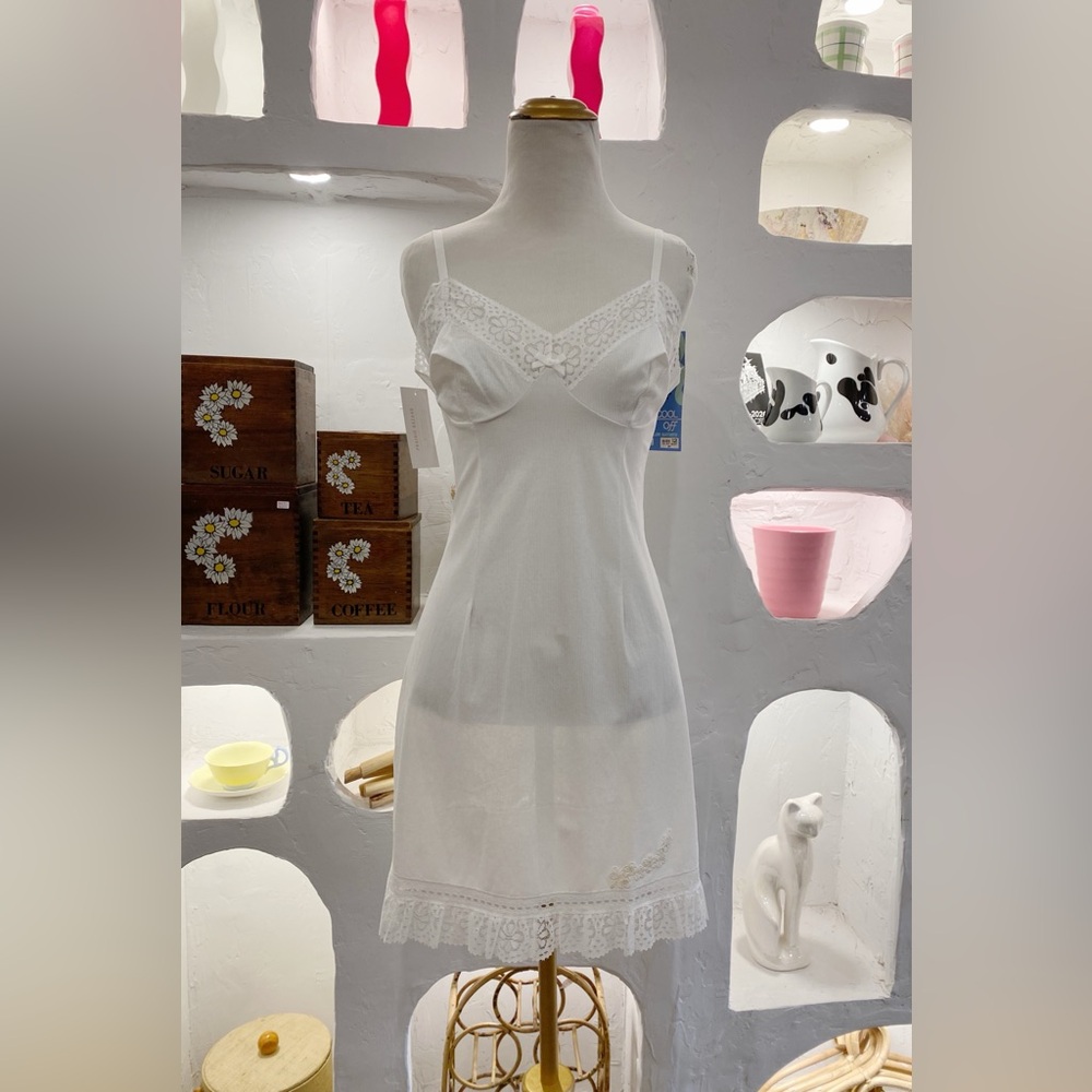 Vintage 60s 70s White Nylon Slip Dress with Floral Embroidery and Lace Trim NWT